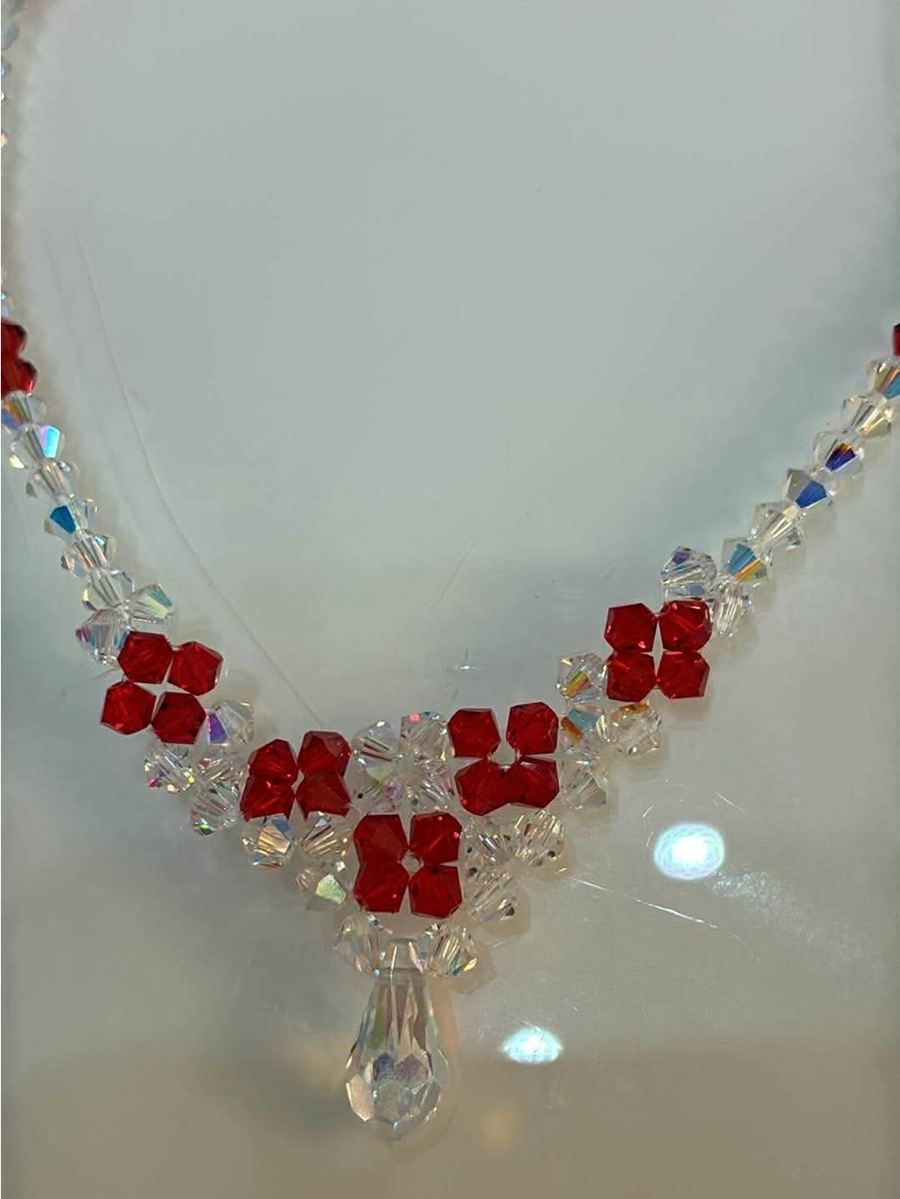Sterling silver Crystal and Red Flower Necklace - Women Jewelry